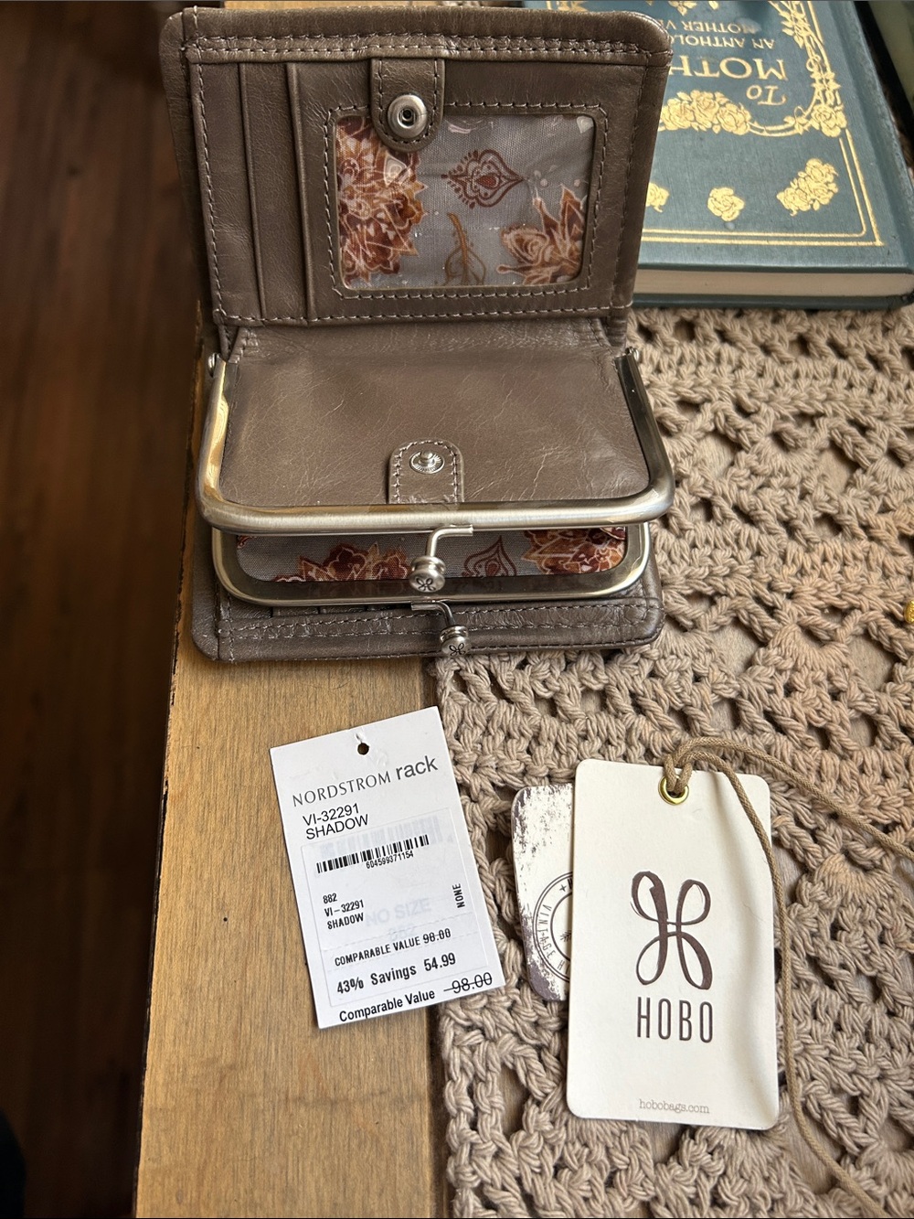 HOBO Shadow Taupe Leather Coin Wallet with Floral Lining